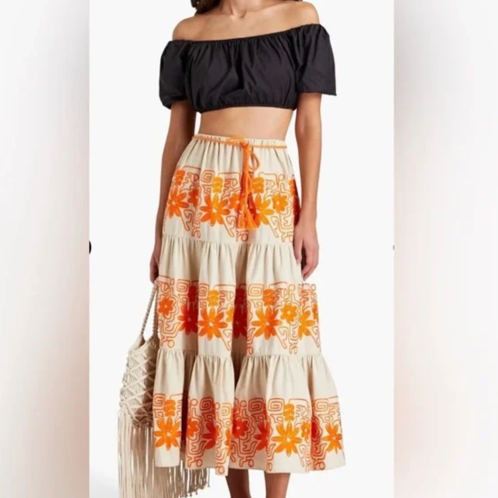 Maje Tiered Embroidered Midi Skirt